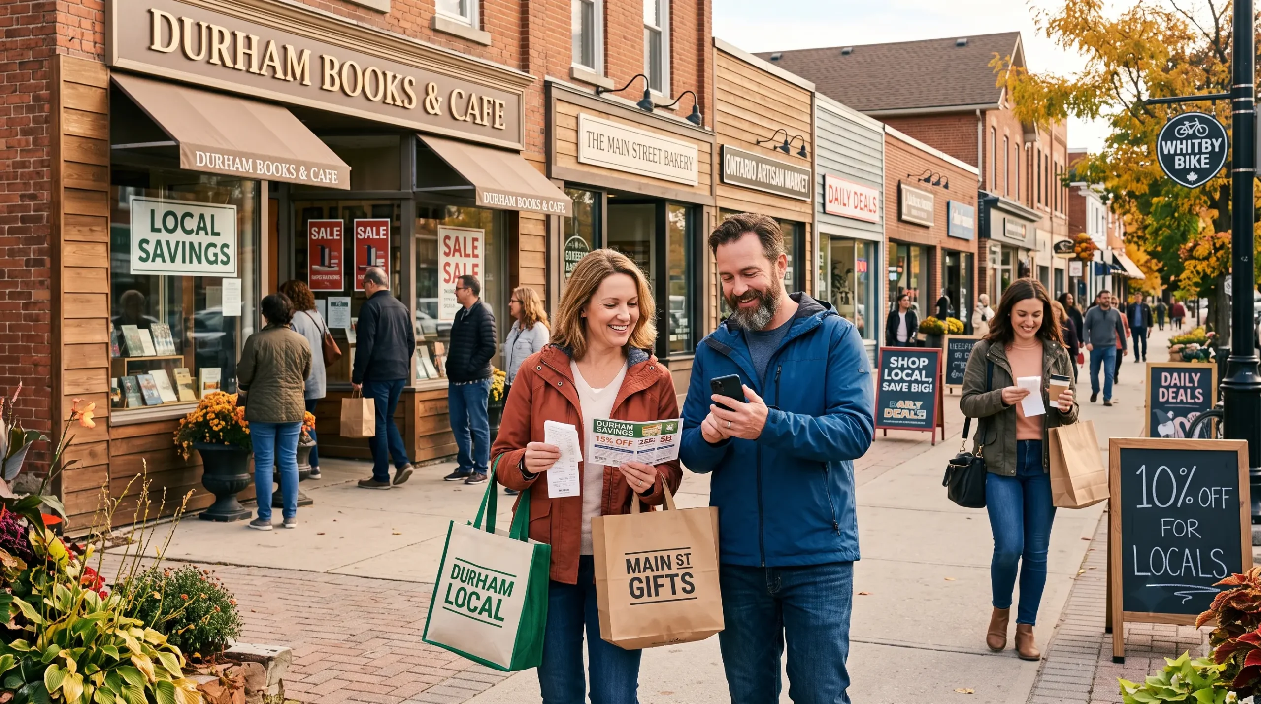 happy shoppers walking through a local Durham